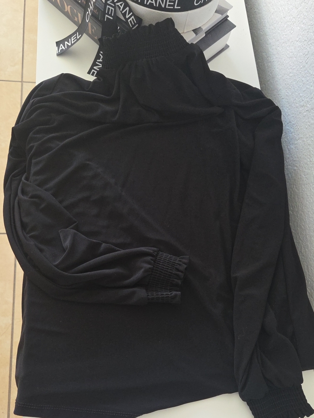 Black Long Sleeve Smocked Neck Top